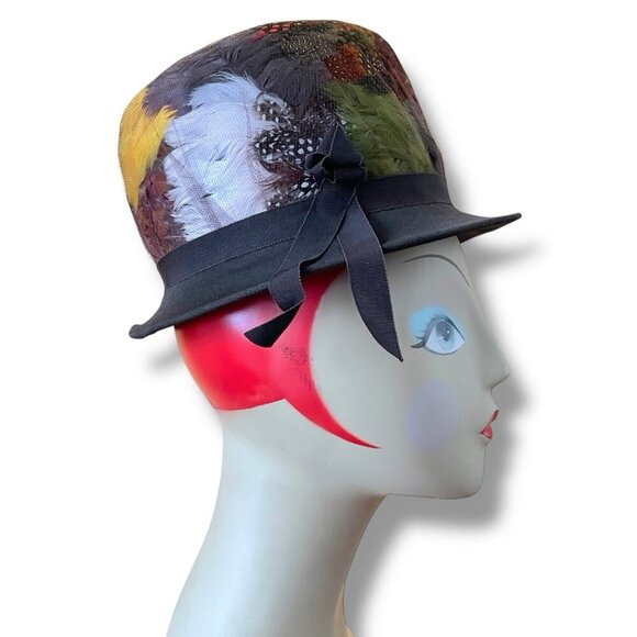 Vintage 1960s Womens Pheasant Feather Hat Angel Designs Brown Wool Dress Toque - Picture 15 of 16